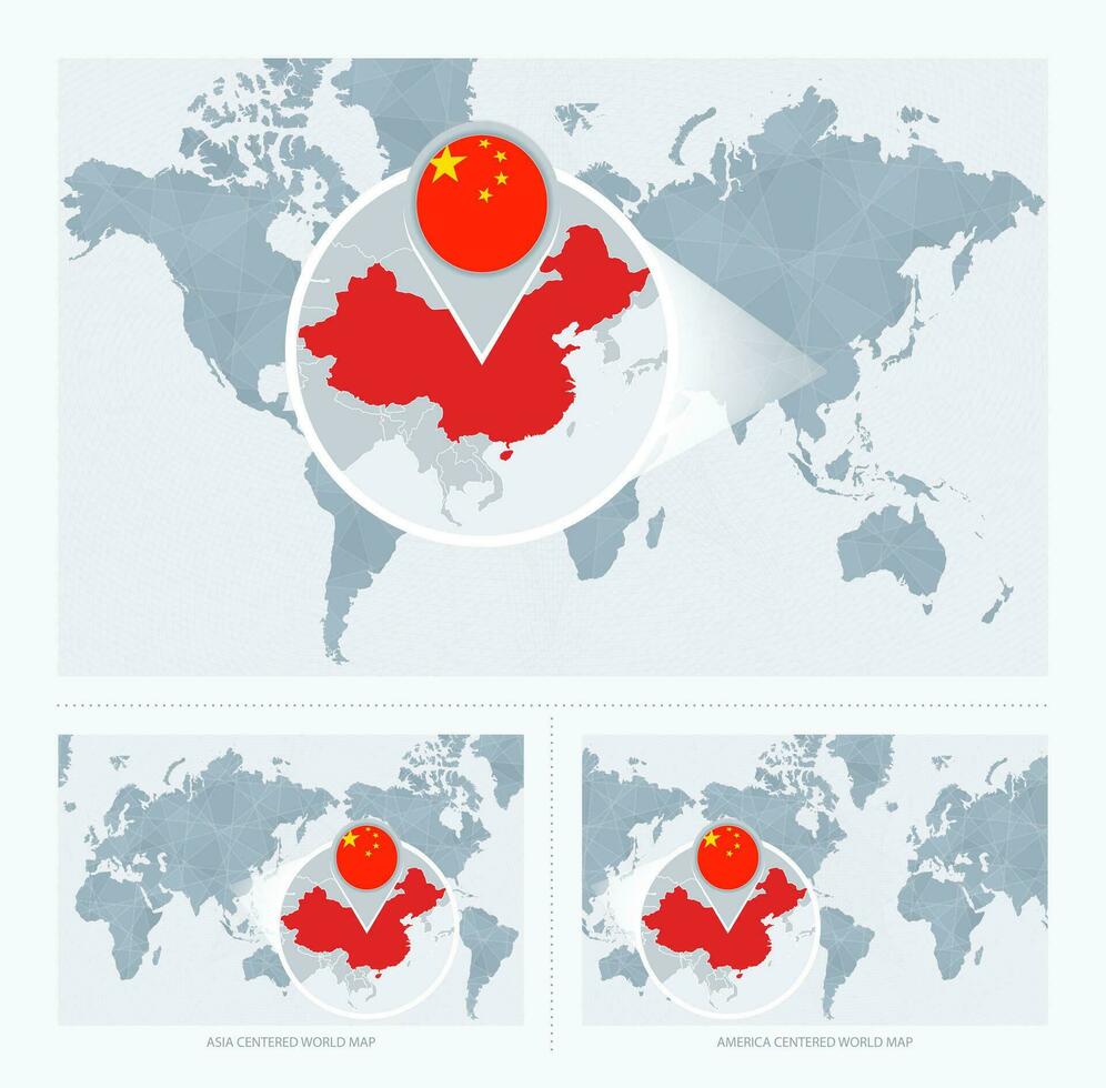 uitvergroot China over- kaart van de wereld, 3 versies van de wereld kaart met vlag en kaart van China. vector