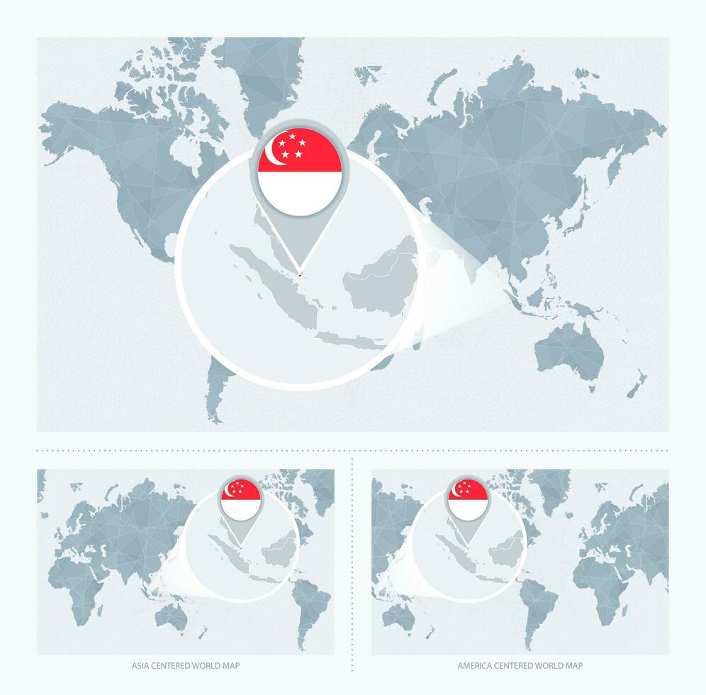 uitvergroot Singapore over- kaart van de wereld, 3 versies van de wereld kaart met vlag en kaart van Singapore. vector