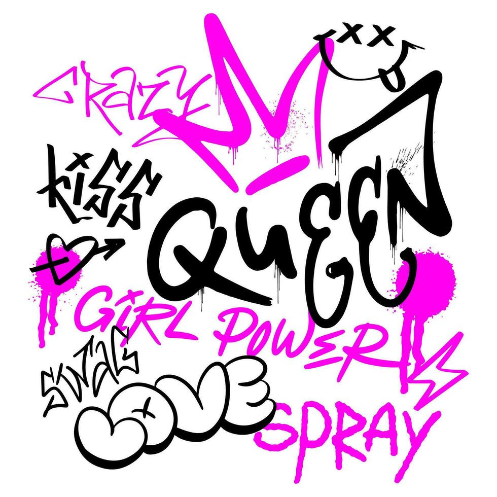 straat zwart en roze graffiti koningin elementen in grunge stijl een wit achtergrond. symbolen van feminisme. stedelijk wilde verstuiven verf. installeren een creatief vector tiener ontwerp voor een t-shirt of trui.