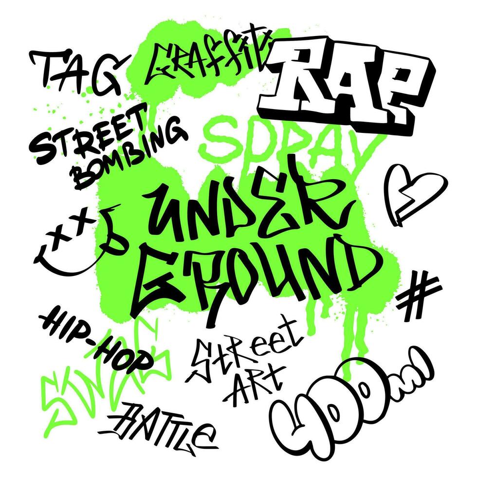 straat zwart graffiti ondergronds belettering elementen in de grunge stijl met tags een groen achtergrond. stedelijk wilde verstuiven verf kunst. reeks creatief vector ontwerp tiener- voor tee t overhemd of trui.