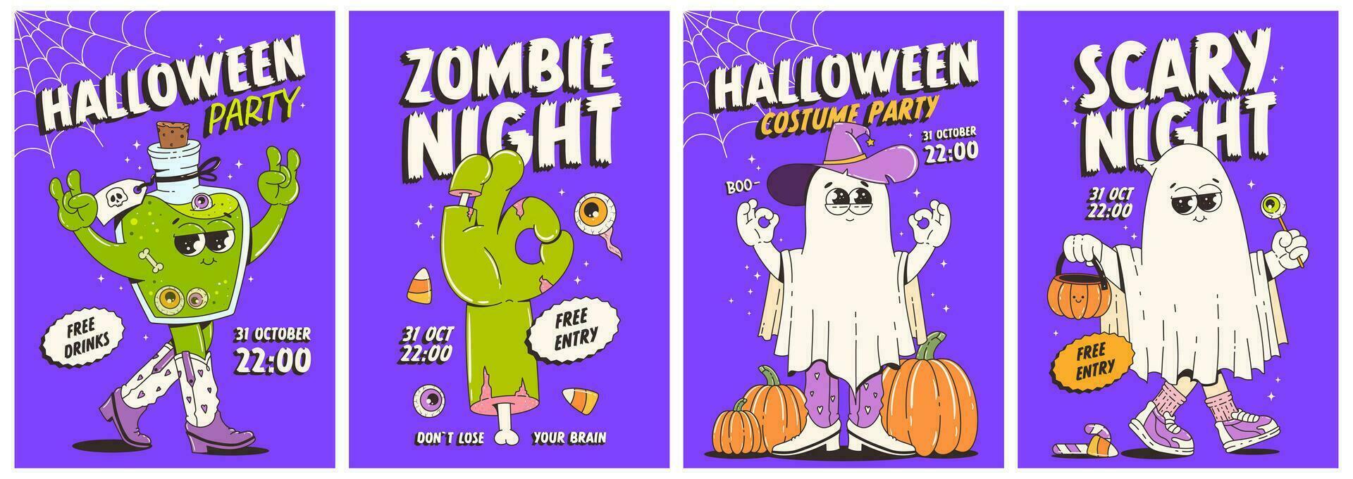 halloween partij uitnodiging. modieus retro groovy stijl en grappig tekens in Jaren 70-80. eng nacht, zombie nacht, kostuum feest. grappig vector posters set.