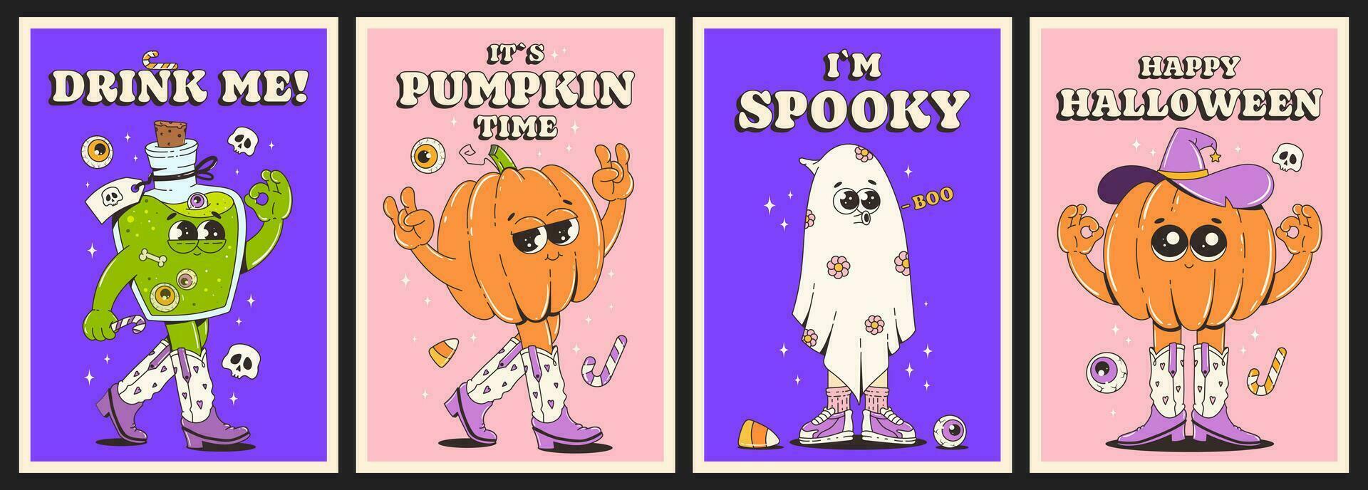 halloween posters set. modieus retro groovy stijl en funky tekens in Jaren 70-80. truc of traktatie, gelukkig halloween, zoet en spookachtige. grappig vector folder, kaarten.