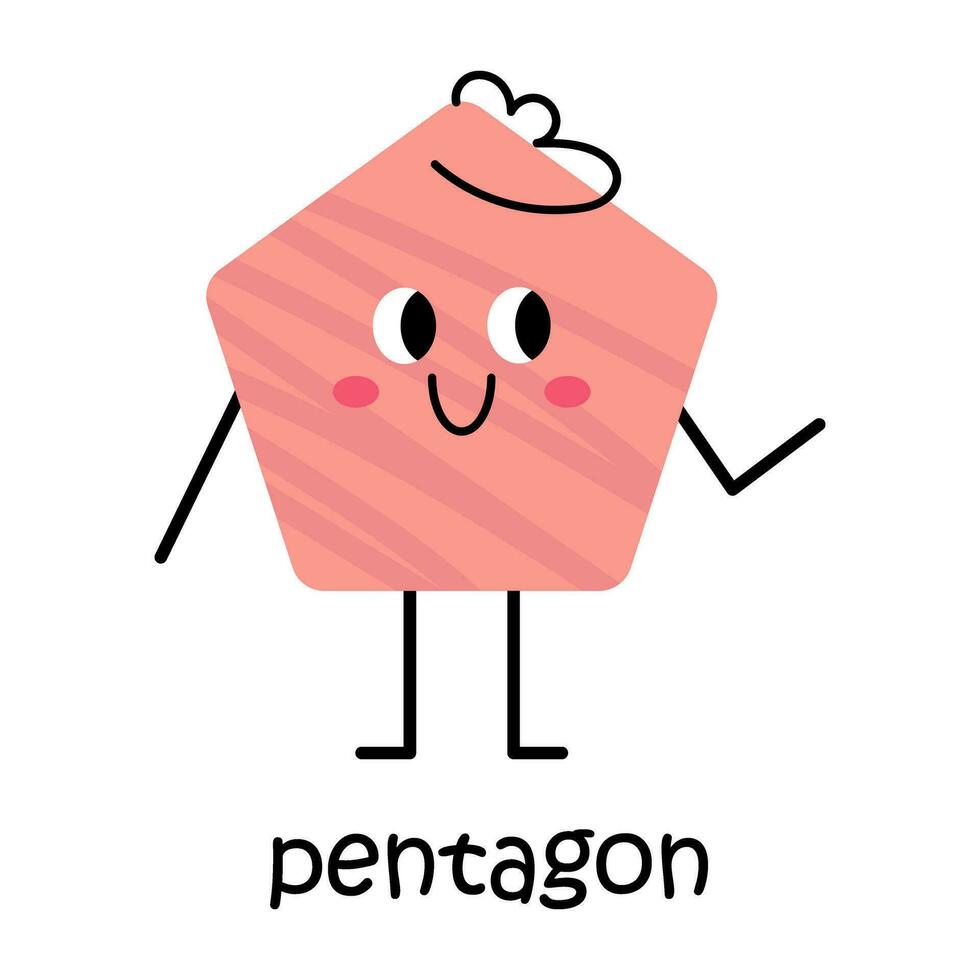 vector roze Pentagon karakter. schattig meetkundig figuur met gezicht, blozen en haar. Pentagon illustratie voor school- en kleuterschool. schattig grappig glimlachen veelhoek vorm karakter voor kinderen ontwerp.