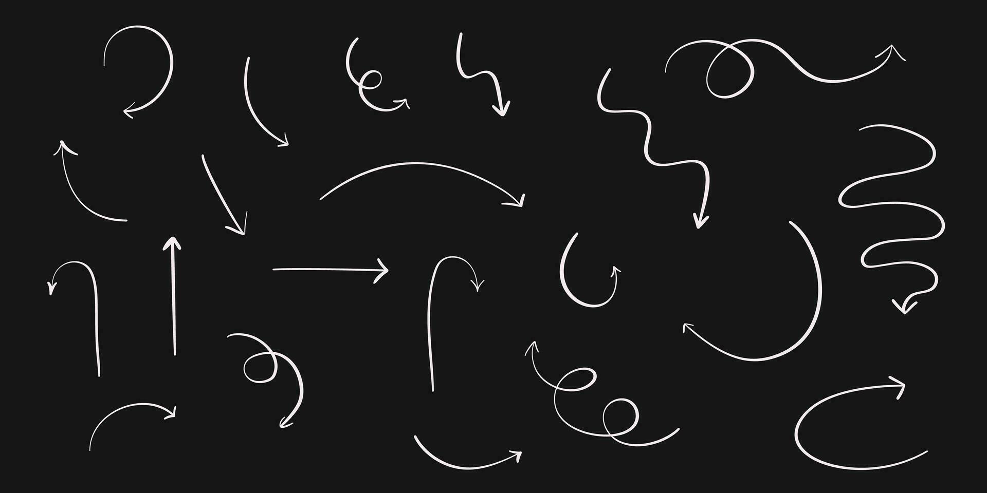 reeks van wit vector symbolen, pijlen, aanwijzingen, richting, gidsen van verschillend hoeken in hand- getrokken stijl
