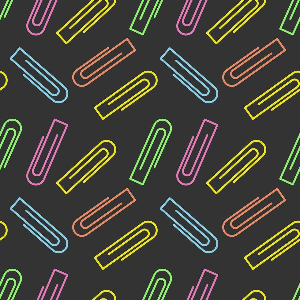 naadloos patroon van helder kleurrijk papier clips Aan een donker achtergrond. kantoor en school- schrijfbehoeften vector