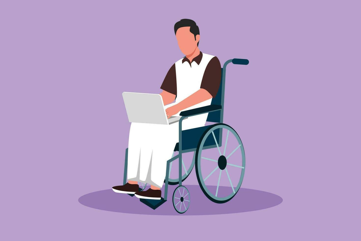 tekenfilm vlak stijl tekening gehandicapt Arabisch Mens werken Aan laptop. rolstoel, idee, computer. freelance, onbekwaamheid. online functie, beginnen. fysiek onbekwaamheid samenleving. grafisch ontwerp vector illustratie