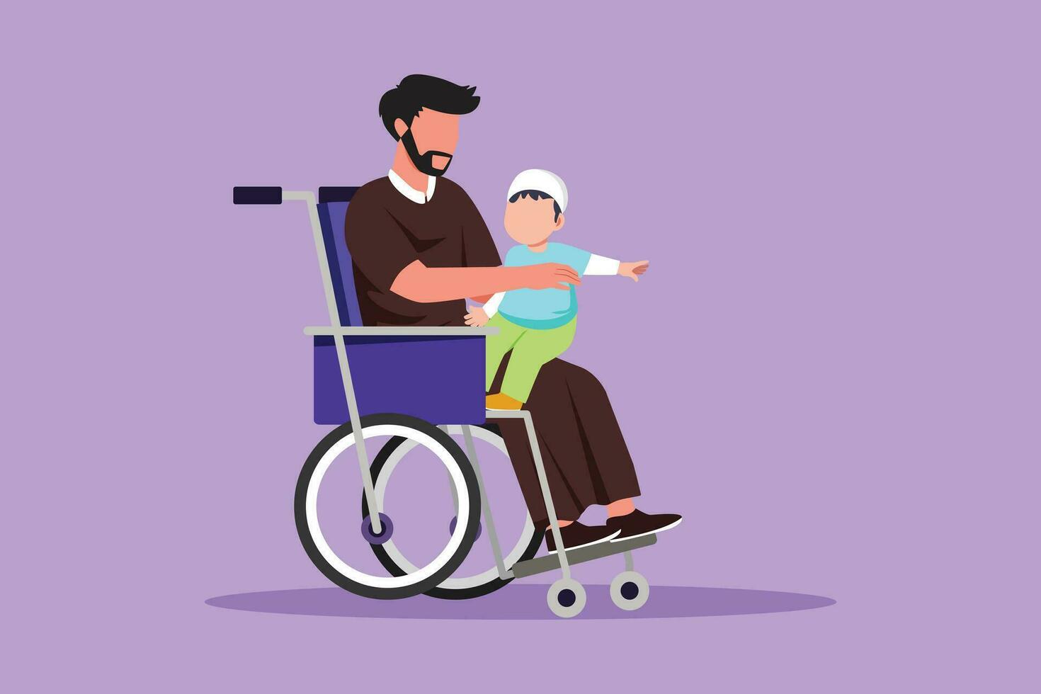 karakter vlak tekening gelukkig gehandicapt vader met zijn kind. onbekwaamheid Arabisch Mens Holding baby in zijn arm. familie liefde concept. fysiek onbekwaamheid verantwoordelijkheid. tekenfilm ontwerp vector illustratie