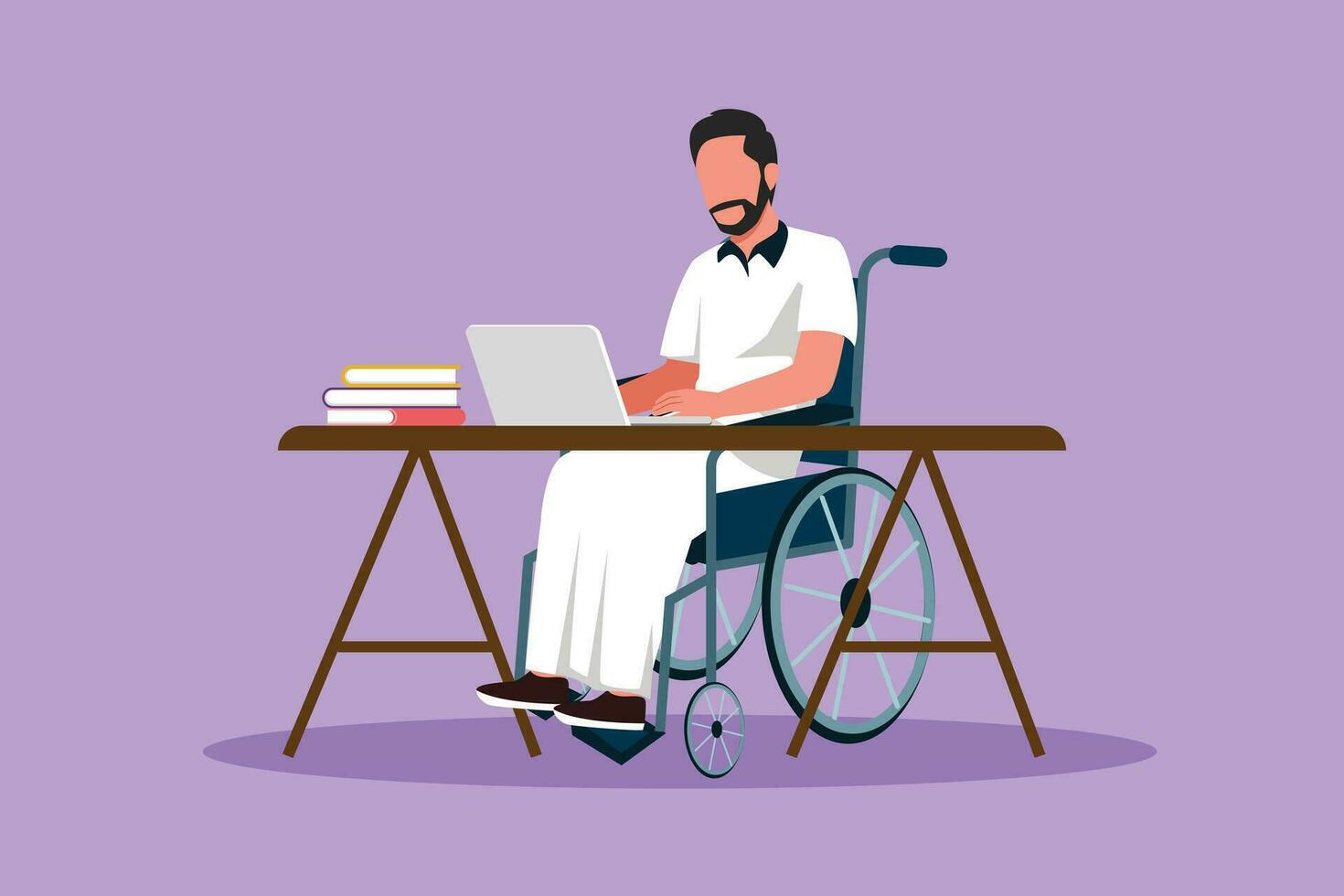 tekenfilm vlak stijl tekening van jong Arabisch Mens toepassingen rolstoel en werken met computer in kantoor. online baan en beginnen. fysiek onbekwaamheid werknemer Bij kantoor. grafisch ontwerp vector illustratie