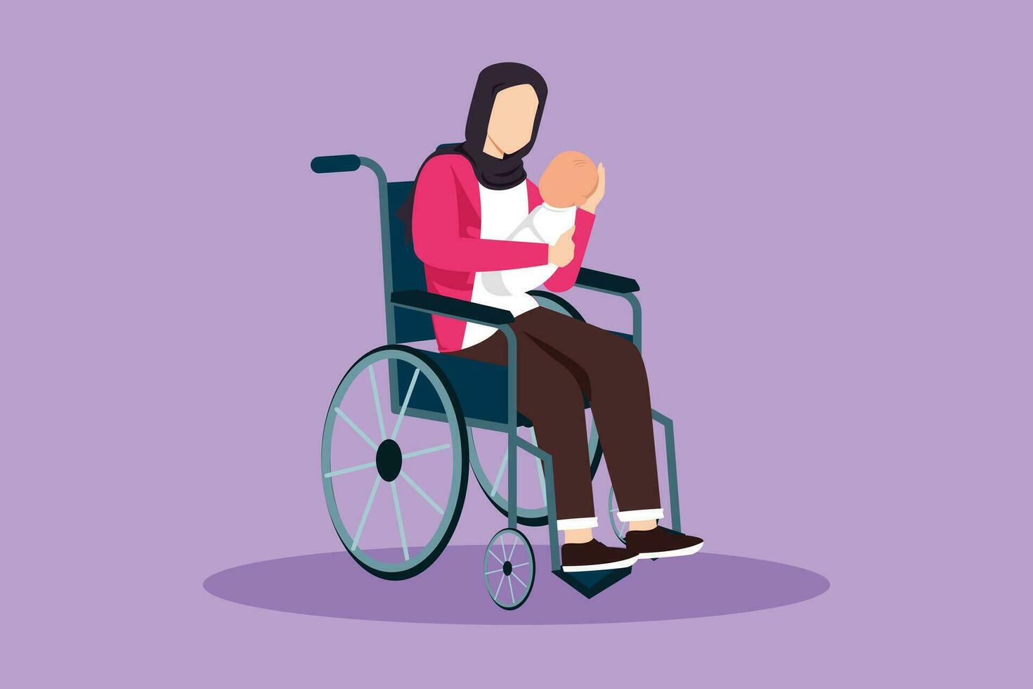 grafisch vlak ontwerp tekening ouders met pasgeboren baby. Arabisch vrouw houden baby, zittend in rolstoel. gehandicapt vrouw Holding baby in haar armen. familie liefde concept. tekenfilm stijl vector illustratie