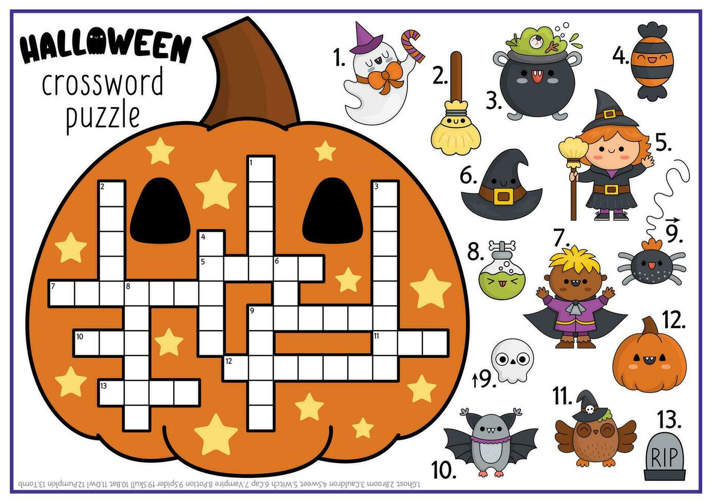 vector halloween pompoen vormig kruiswoordraadsel puzzel voor kinderen. herfst vakantie quiz voor kinderen. leerzaam werkzaamheid met kawaii symbolen. schattig allemaal heiligen dag Engels taal kruis woord