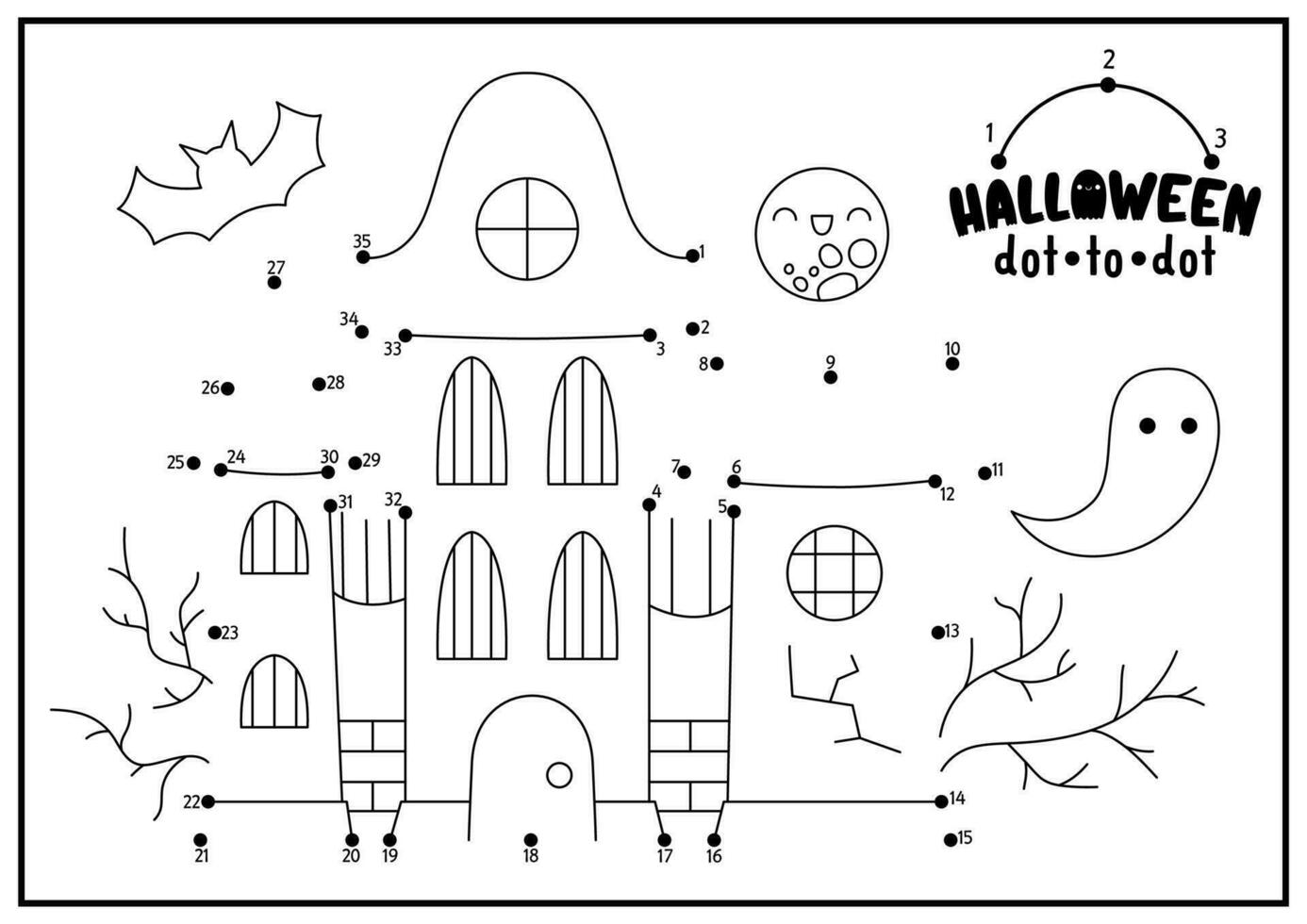 vector halloween punt-naar-punt en kleur werkzaamheid met schattig kawaii achtervolgd huis. herfst vakantie aansluiten de dots spel voor kinderen. allemaal heiligen dag kleur bladzijde voor kinderen. afdrukbare werkblad