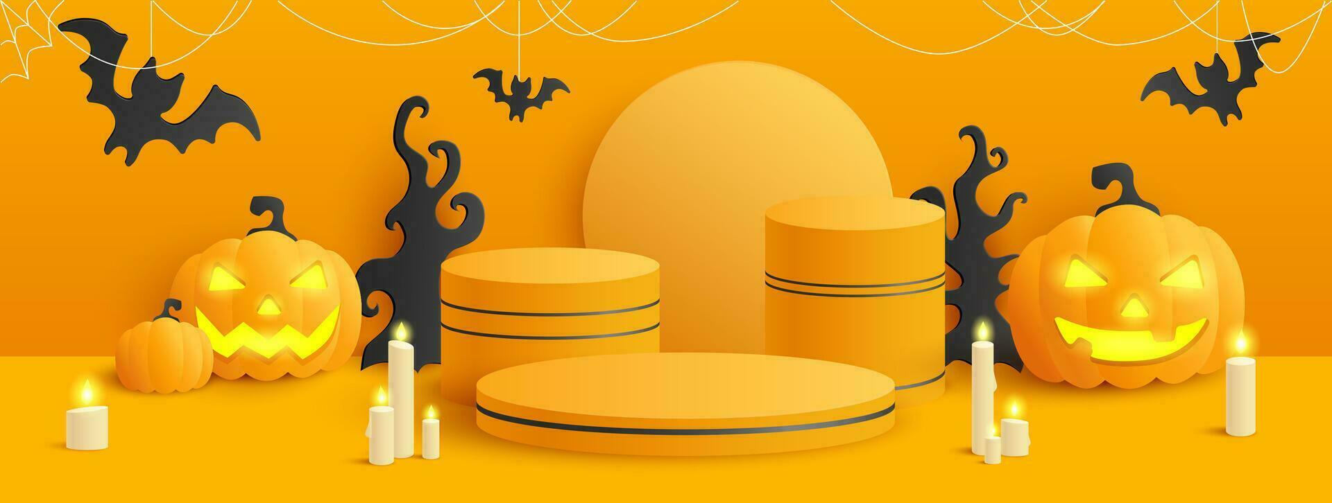 halloween vakantie podium banier met 3d dimensionaal decoraties van pompoen lantaarns, vliegend vleermuizen, bomen en kaarsen. Promotie banier, studio, leeg fase. vector illustratie.