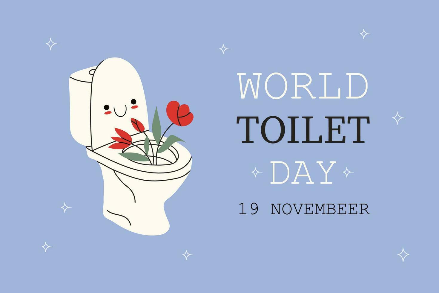 wereld toilet dag. november 19. sjabloon voor achtergrond, banier, poster met tekst inscriptie. wit toilet kom met een kawaii gezicht en bloemen Aan een blauw achtergrond. vector voorraad illustratie