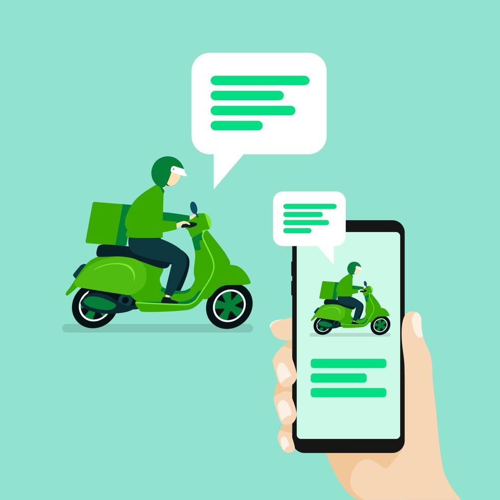hand met smartphone met berichtmeldingen. gebruikerschat met de bezorger die op een scooter rijdt. vector