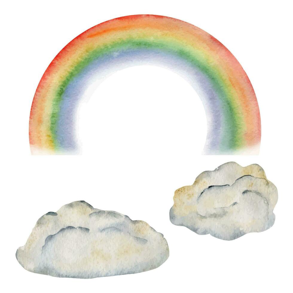 waterverf hand- getrokken illustratie, heilige Patrick vakantie. regenboog boog en pluizig wolken. Ierland traditie. single element reeks geïsoleerd Aan wit achtergrond. voor uitnodigingen, afdrukken, website, kaarten. vector