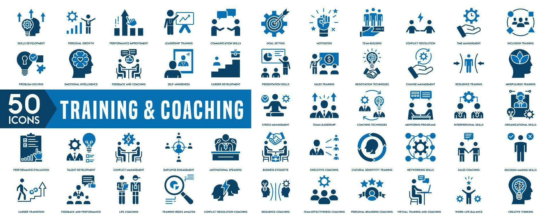 opleiding en coaching icoon set. met team gebouw, samenwerking, teamwerk, coachen, probleemoplossing en onderwijs pictogrammen. solide icoon verzameling vector