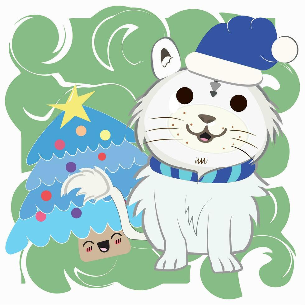 schattig kat tekenfilm karakter De volgende naar een gelukkig Kerstmis boom vector illustratie