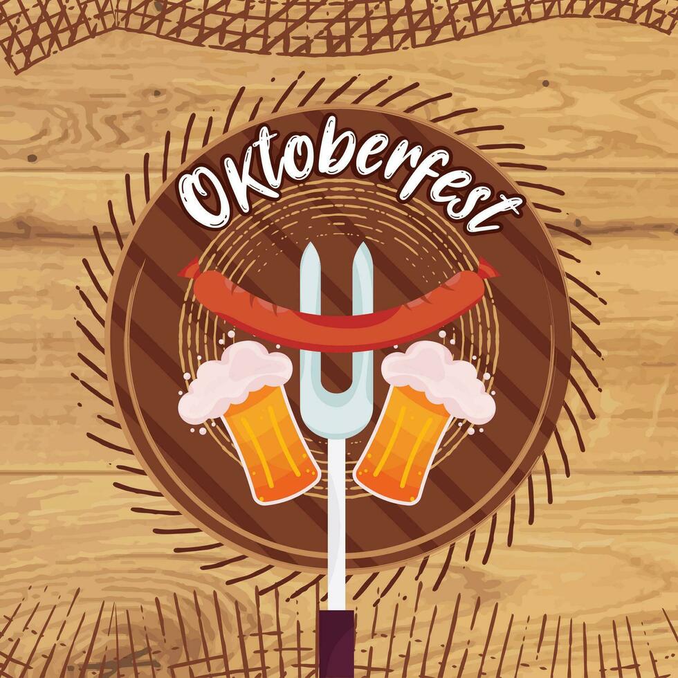 barbecue vork met een Duitse worst en paar- van bier mokken oktoberfeest vector illustratie