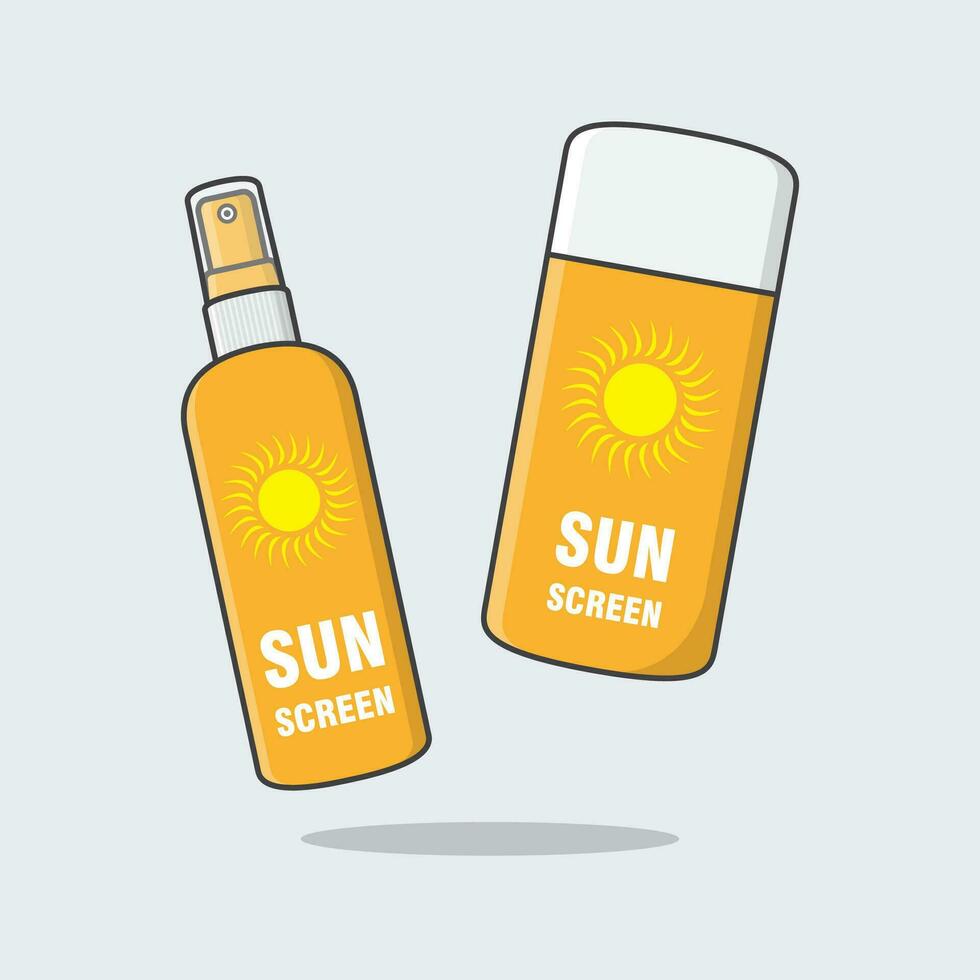 zonnescherm verstuiven en zonnescherm lotion tekenfilm vector illustratie. zon bescherming kunstmatig Product vlak icoon schets. sunblock of huidsverzorging