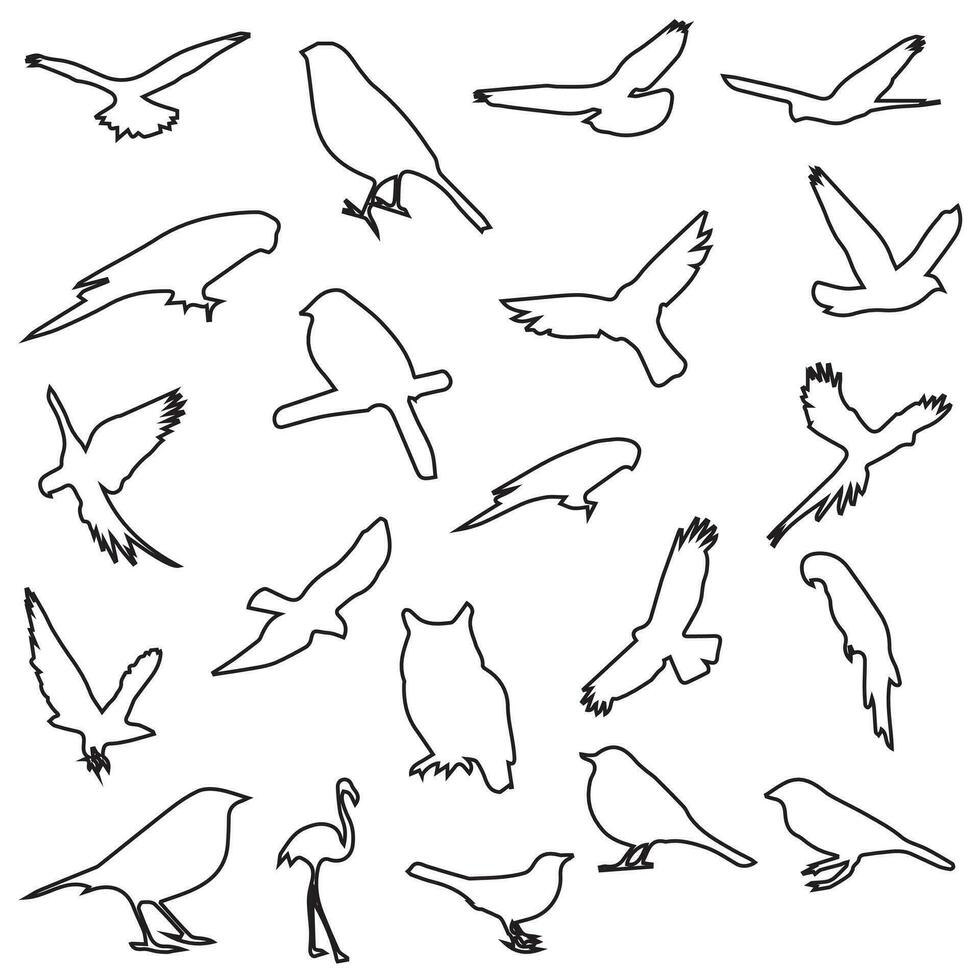 mooi vogelstand zittend en vliegend in verschillend posities. wild zwaluwen vogel vliegen, silhouetten Aan een wit achtergrond. zwaluwen vol lichaam silhouet verzameling. wild zwaluwen vogel silhouet bundel. vector