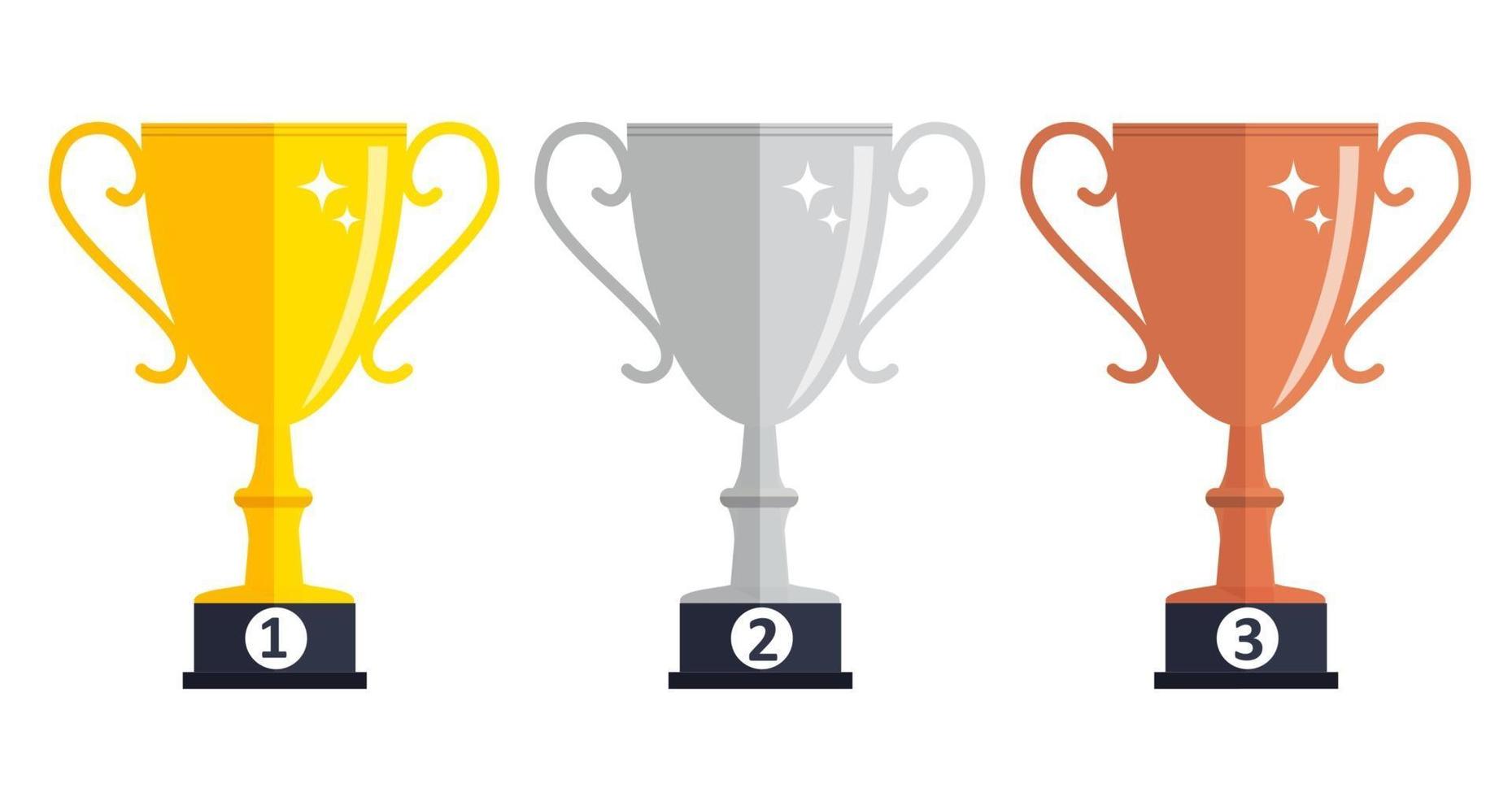 kampioen gouden, zilveren en bronzen trofee cup award icoon teken van de eerste, tweede en derde plaats. vector illustratie