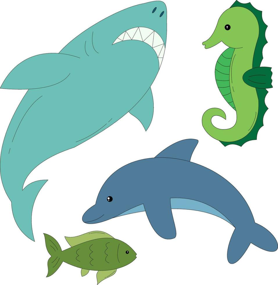 kleurrijk oceaan schepsels clip art verzameling in tekenfilm stijl. omvat 4 aquatisch dieren voor kinderen en kinderen vector