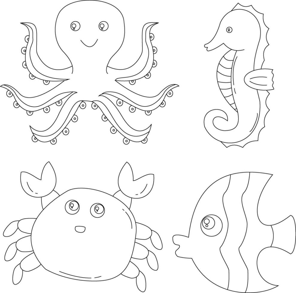schets onderwater- dieren clip art reeks in tekenfilm stijl. omvat 4 aquatisch dieren voor kinderen en kinderen vector