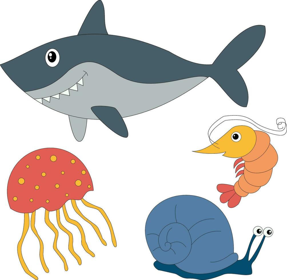 kleurrijk zee schepsels clip art reeks in tekenfilm stijl. omvat 4 zee dieren voor kinderen en kinderen vector