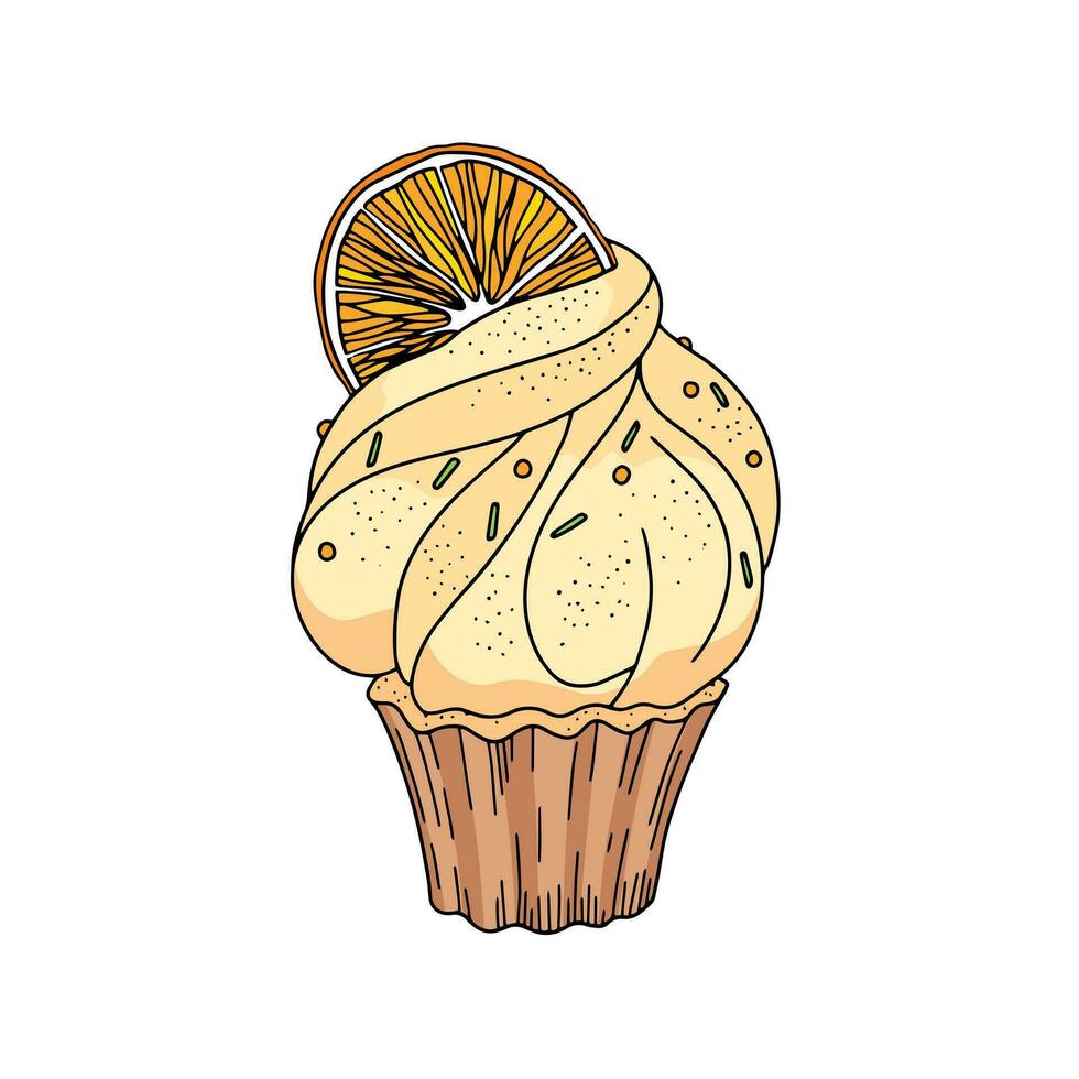 koekje met citrus room en oranje plak geïsoleerd Aan wit achtergrond. muffin met topping vector