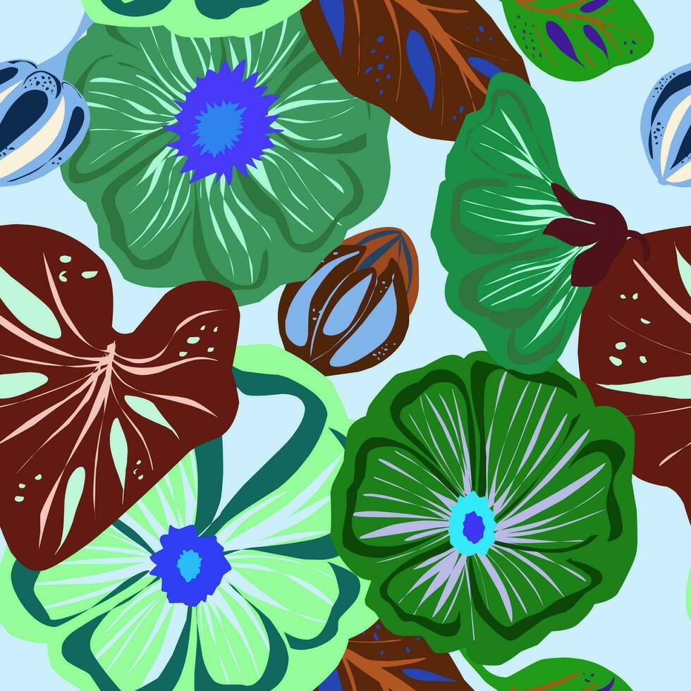 een patroon met veel verschillend gekleurde bladeren en bloemen vector