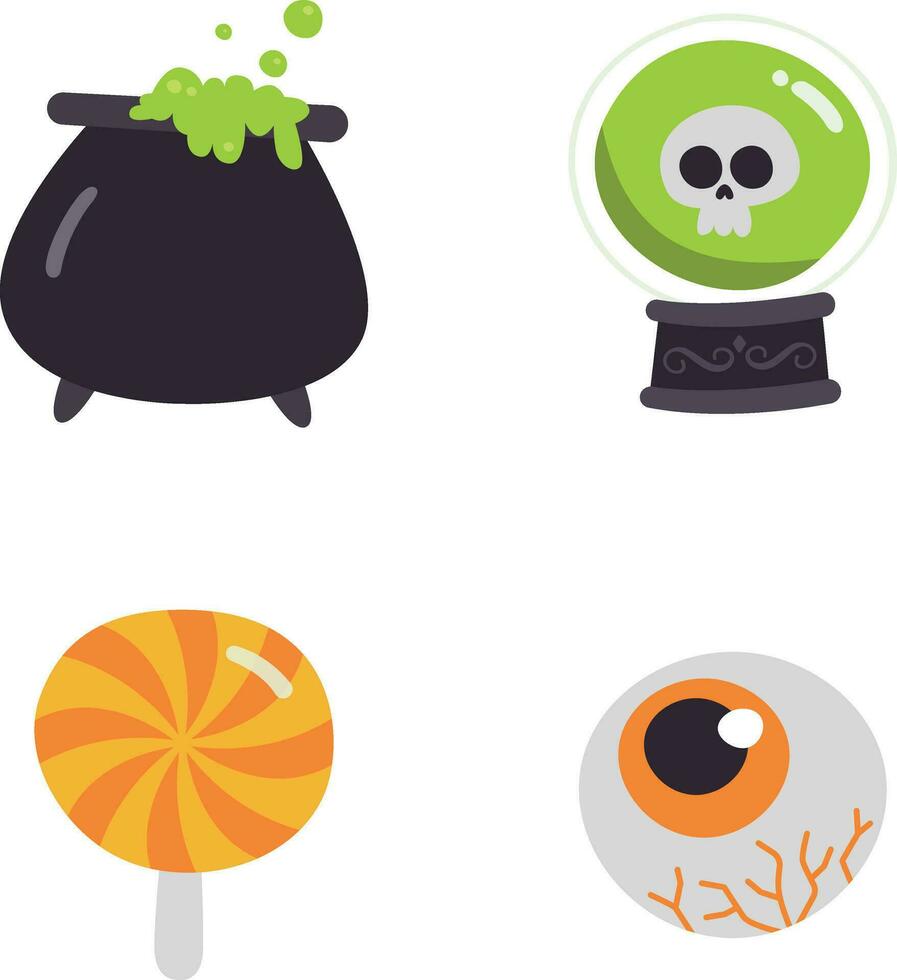 gelukkig halloween vector icoon set. bestaande van knuppel, kat, kist, geest, spin, pompoen en meer. geïsoleerd vector