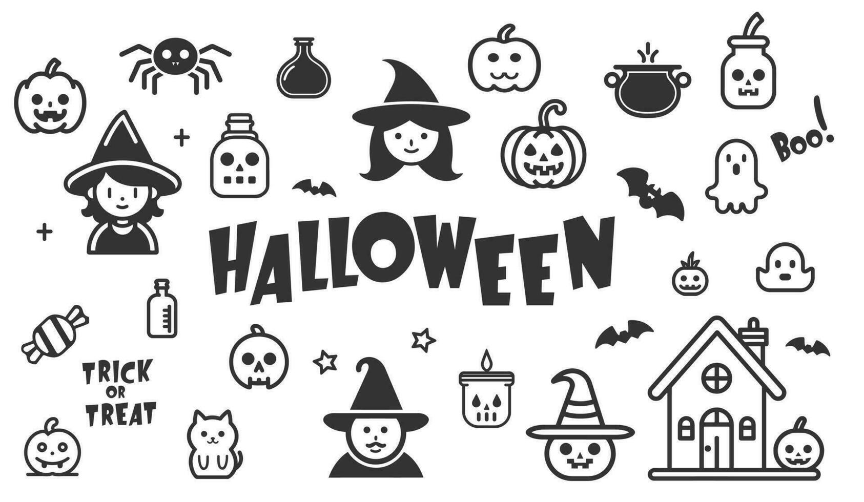 reeks van vector schattig elementen voor halloween geïsoleerd Aan wit. heksen, donker schattig tovenaar, toverdrank pot, pompoenen, kat, vleermuizen, spin, geesten, drankjes, snoep, sterren. ideaal voor ansichtkaarten, stickers, flyers.