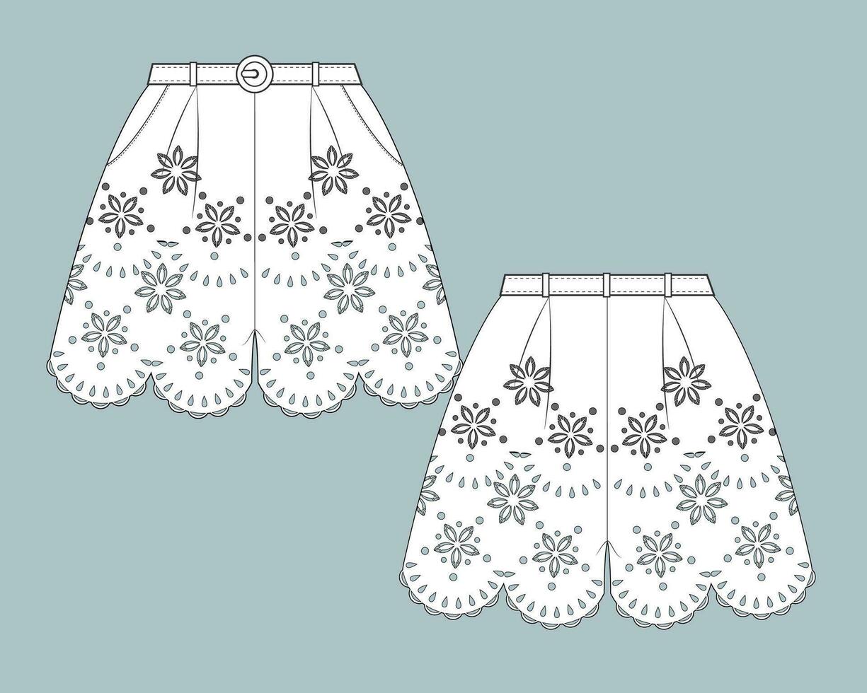 vlak technisch tekening sjabloon shorts broek met kant mode details. vector