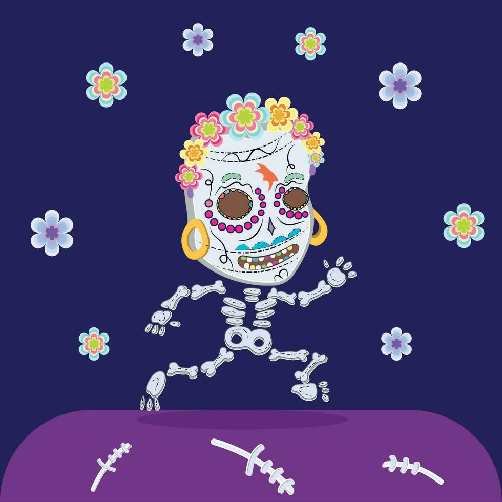 gelukkig skelet met versierd schedel dia de Muertos vector illustratie