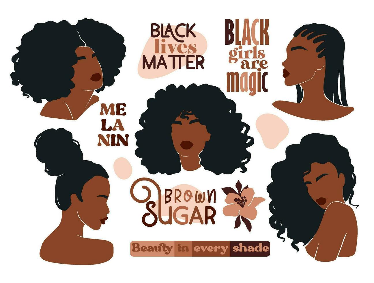 afro Amerikaans vrouw vector illustratie set. mooi meisjes donker huid.