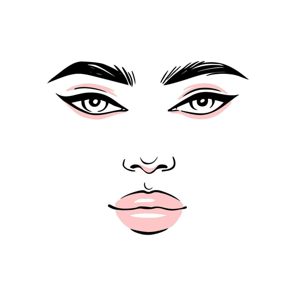 vrouw zwart schitteren bedenken illustratie. mode meisje gezicht portret. druipend oogschaduw. aantrekkingskracht schoonheid model- vector