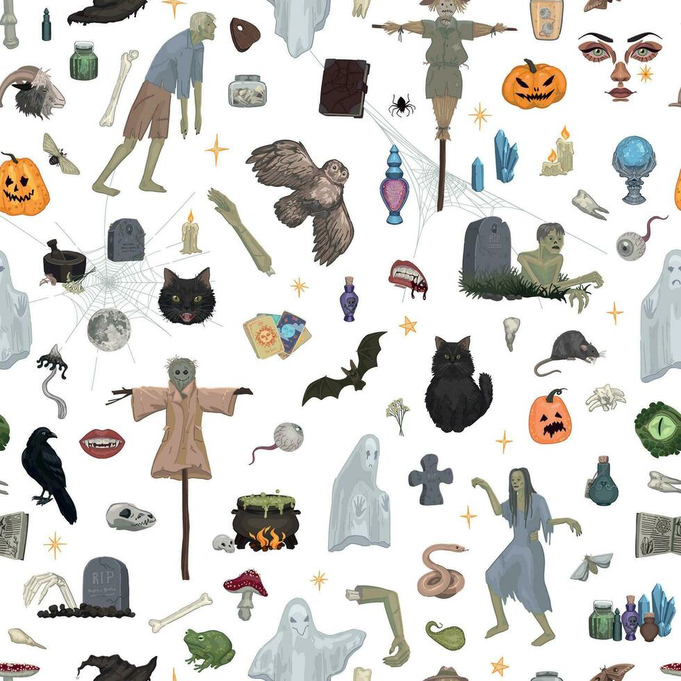 halloween naadloos patroon. ornament van zombies, hekserij, dieren, geesten, occult artikelen. spookachtig vector illustratie in tekenfilm stijl.