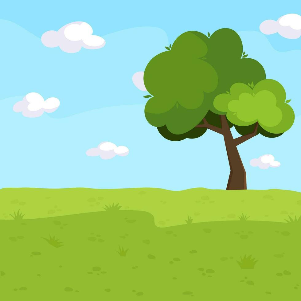 vector illustratie van een groen boom tegen de blauw lucht en met groen gras. landschap. achtergrond.