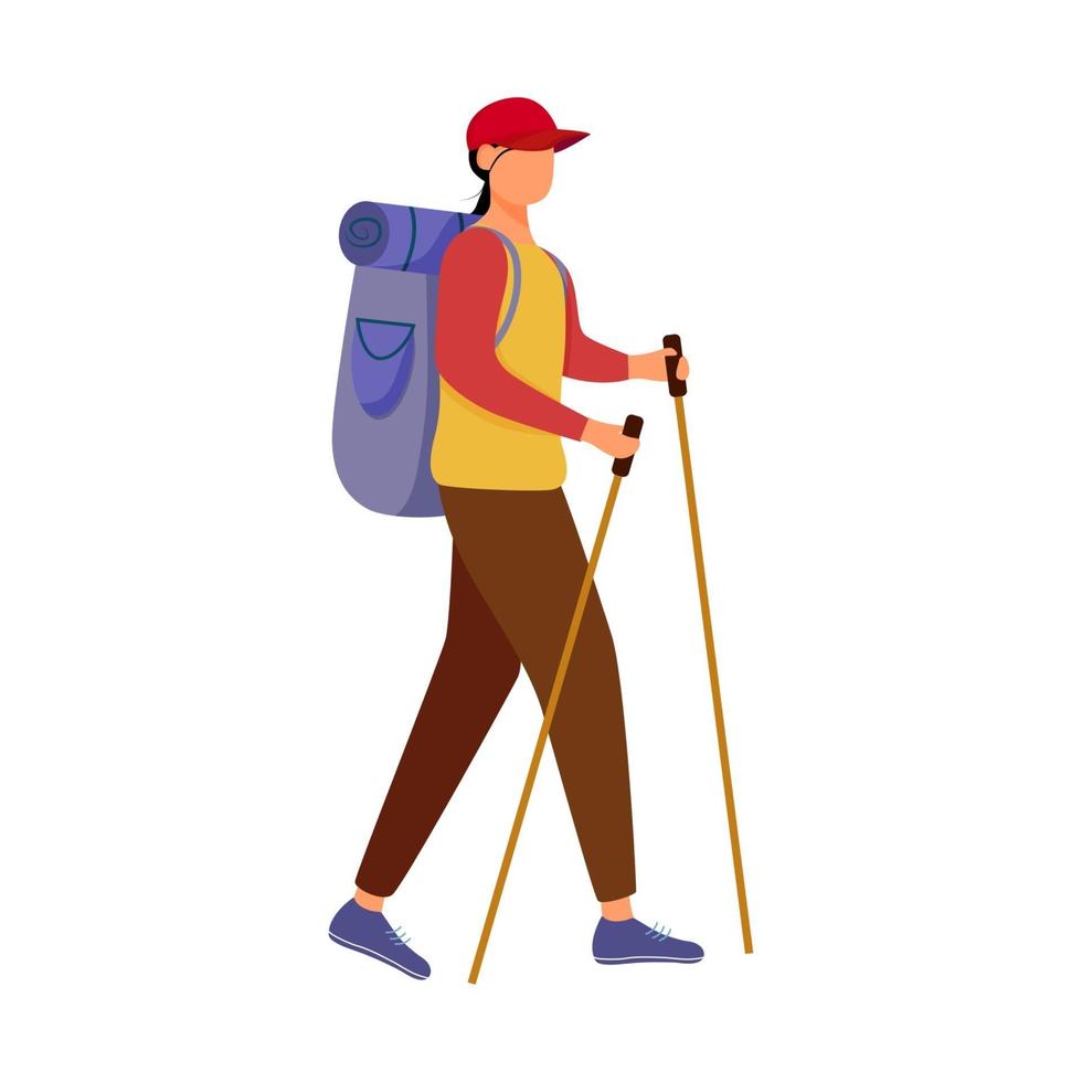 meisje met wandelstokken platte vectorillustratie. camping activiteit. goedkope reiskeuze. actieve vakantie. budgettoerisme. wandeltocht geïsoleerde stripfiguur op witte achtergrond vector