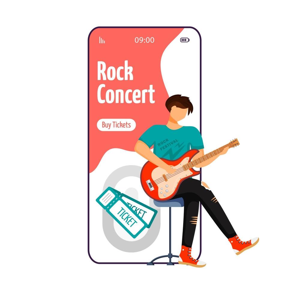 rockconcert cartoon smartphone vector app scherm. gitarist. zittende gitarist. musicus. display voor mobiele telefoons met mockup voor platte karakters. applicatie telefoon leuke interface