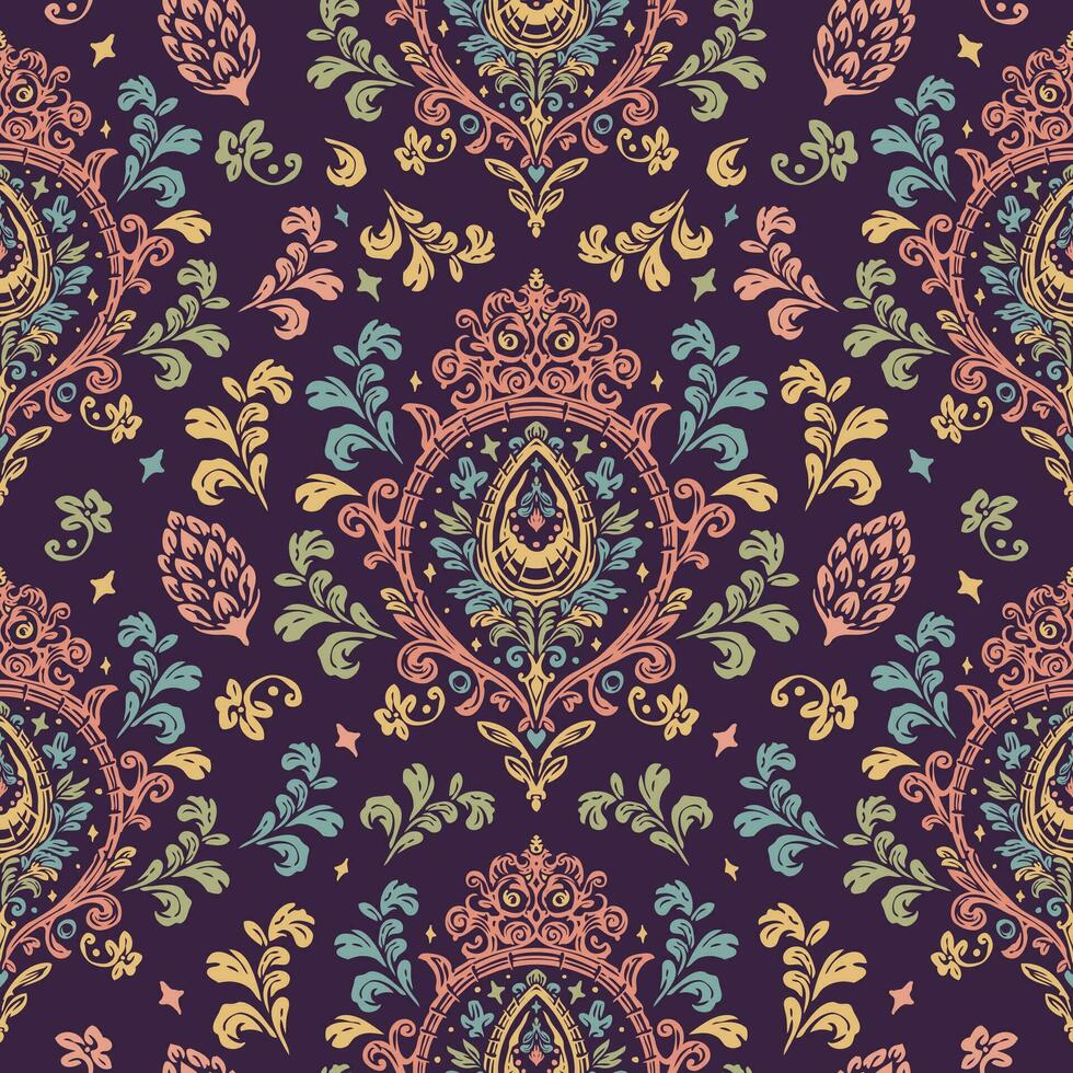 pastel kleuren damast patroon met bloemen en wijnoogst tapijtwerk motieven, perfect voor stoffen en decoratie vector