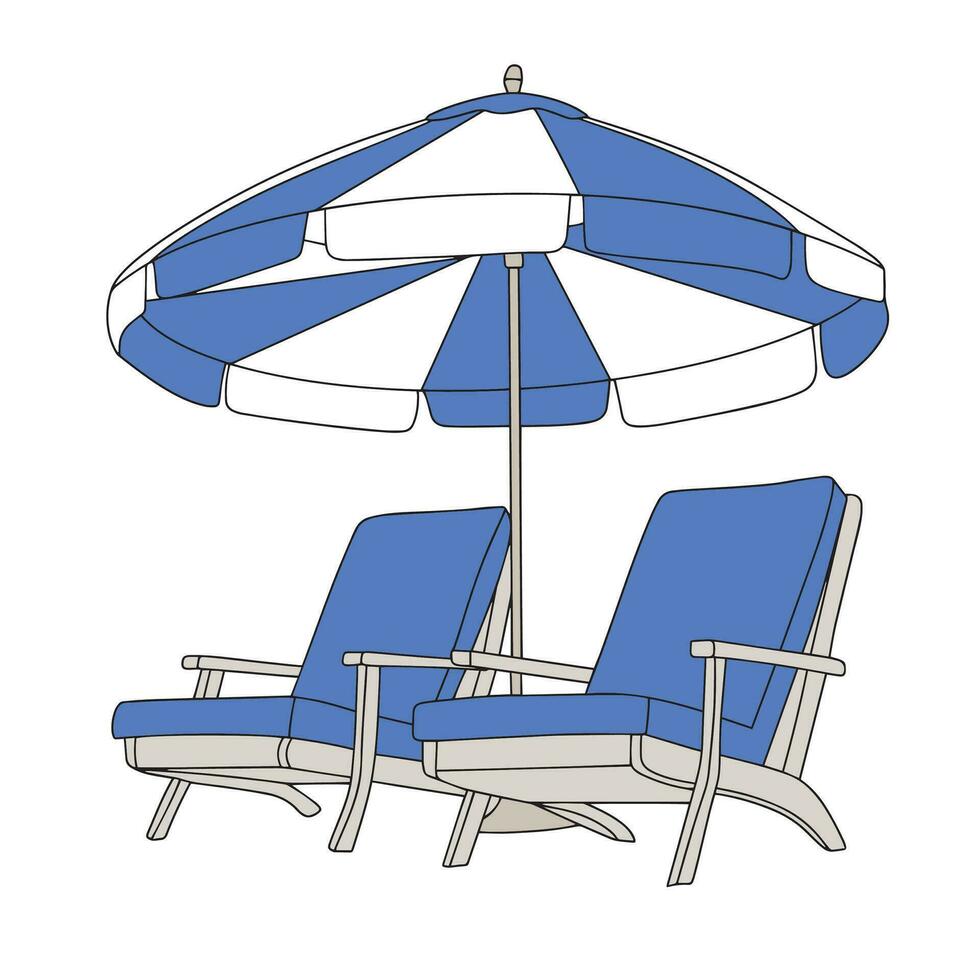 strand zonnebank, paraplu en dek stoel. zomer kom tot rust. strand paraplu en stoel gekleurde schets geïsoleerd Aan wit achtergrond. vector illustratie.