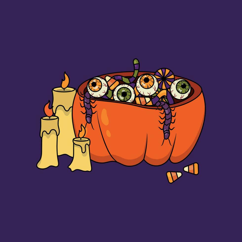 halloween illustratie met pompoen en snoepgoed vector