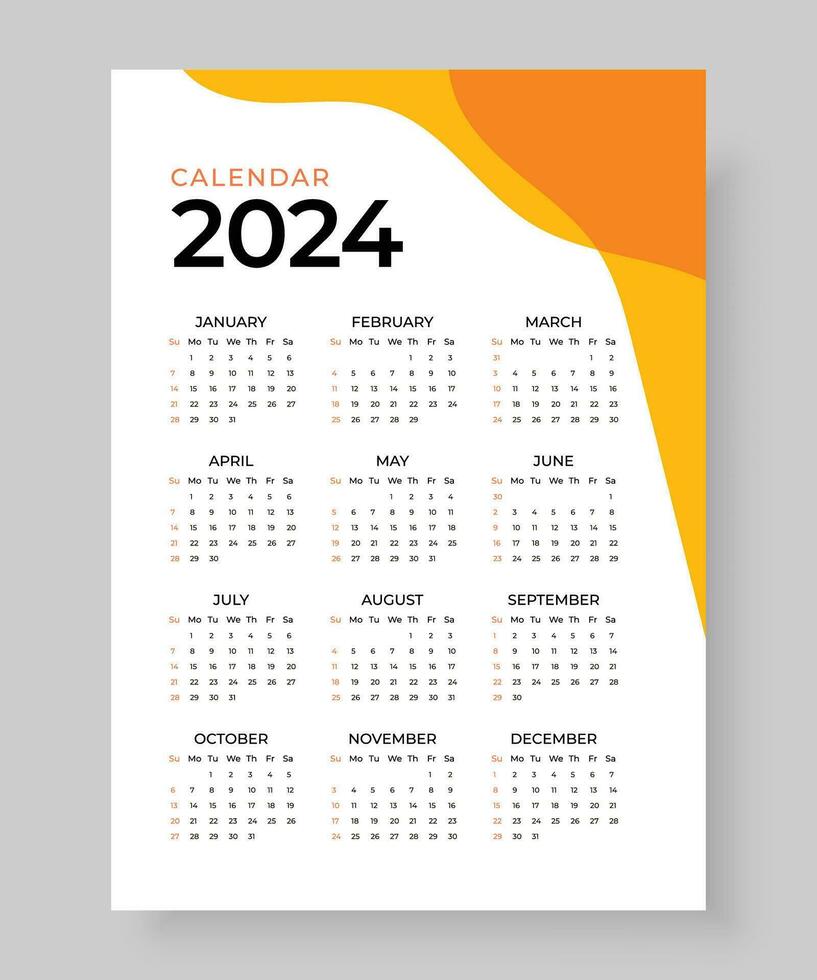2024 muur kalender sjabloon een bladzijde ontwerp, week begin zondag, gemakkelijk verticaal kalender ontwerp sjabloon, muur kalender in een minimalistische stijl vector