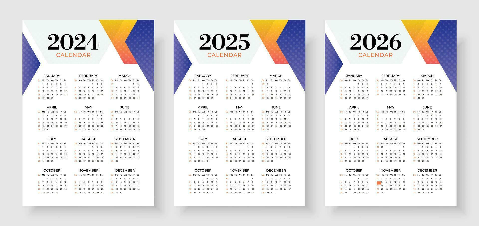 2024, 2025 en 2026 kalender set, week begin zondag, gemakkelijk verticaal kalender ontwerp sjabloon. zakelijke ontwerp ontwerper sjabloon. muur kalender in een minimalistische stijl vector