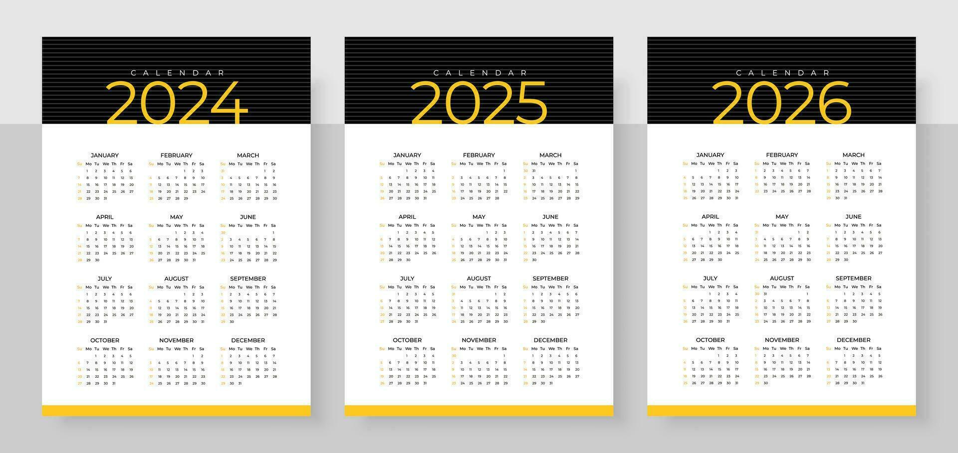 2024, 2025 en 2026 kalender set, week begin zondag, gemakkelijk verticaal kalender ontwerp sjabloon. muur kalender in een minimalistische stijl. zakelijke ontwerp ontwerper sjabloon vector