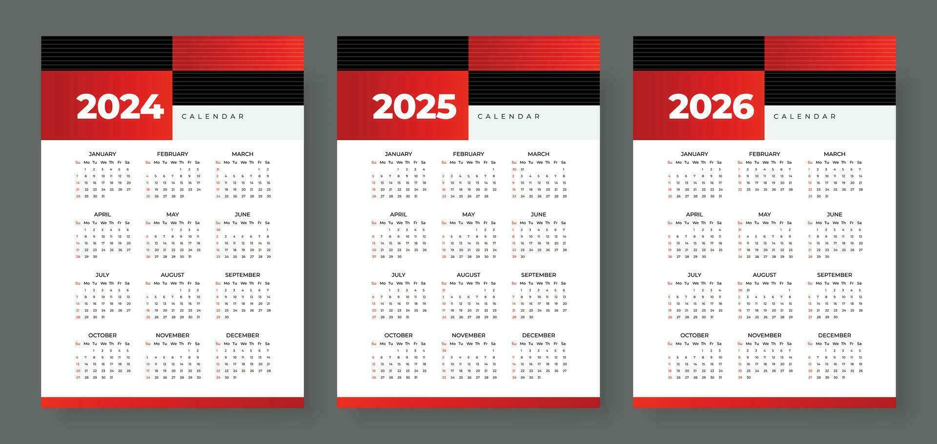 2024, 2025 en 2026 kalender set, week begin zondag, gemakkelijk verticaal kalender ontwerp sjabloon. muur kalender in een minimalistische stijl. zakelijke ontwerp ontwerper sjabloon vector