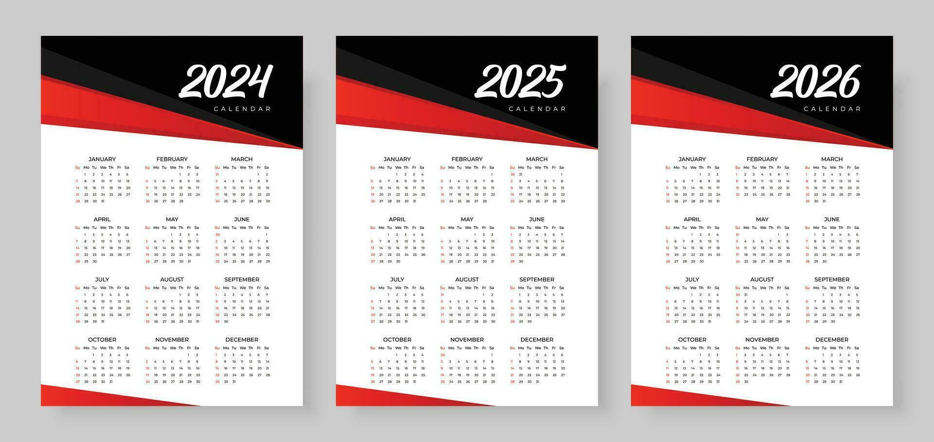 2024, 2025 en 2026 kalender set, week begin zondag, gemakkelijk verticaal kalender ontwerp sjabloon. muur kalender in een minimalistische stijl. zakelijke ontwerp ontwerper sjabloon vector