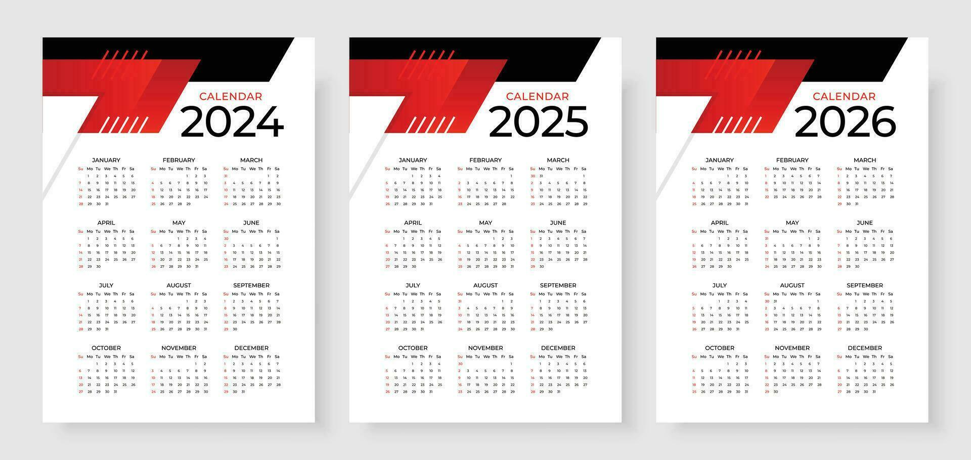 2024, 2025 en 2026 kalender set, week begin zondag, gemakkelijk verticaal kalender ontwerp sjabloon. zakelijke ontwerp ontwerper sjabloon. muur kalender in een minimalistische stijl vector