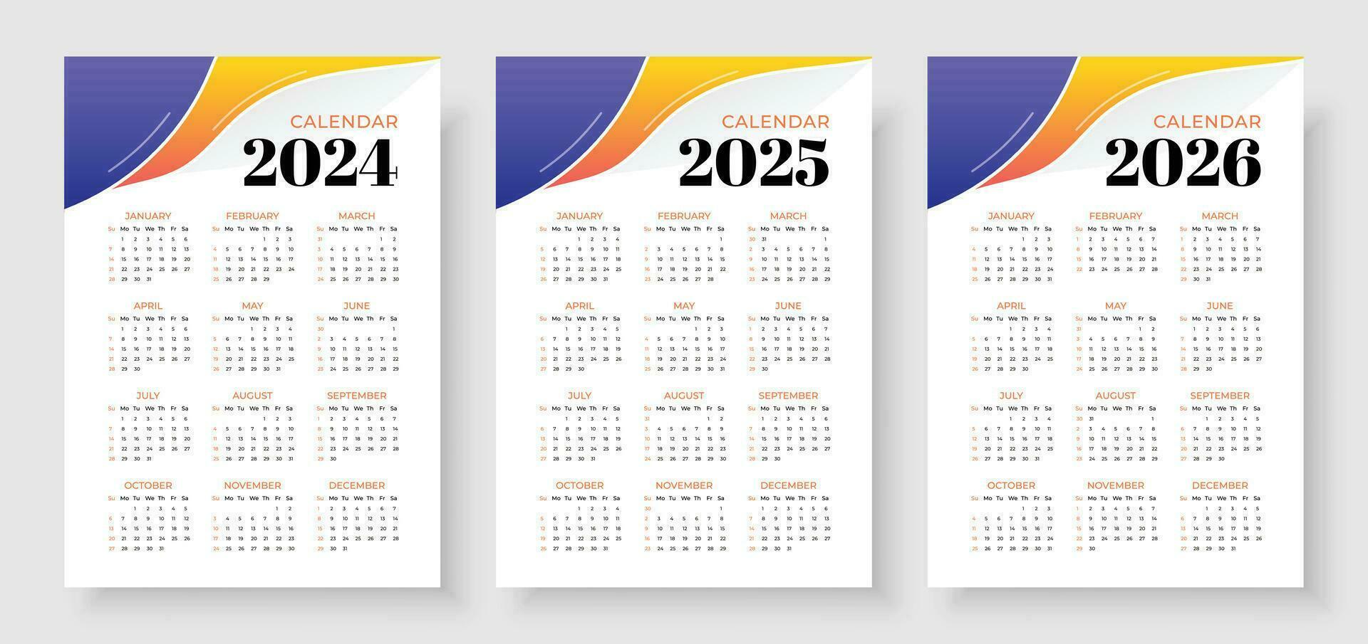 kalender 2024, kalender 2025 en kalender 2026, week begin zondag, zakelijke ontwerp ontwerper sjabloon. muur kalender in een minimalistische stijl vector